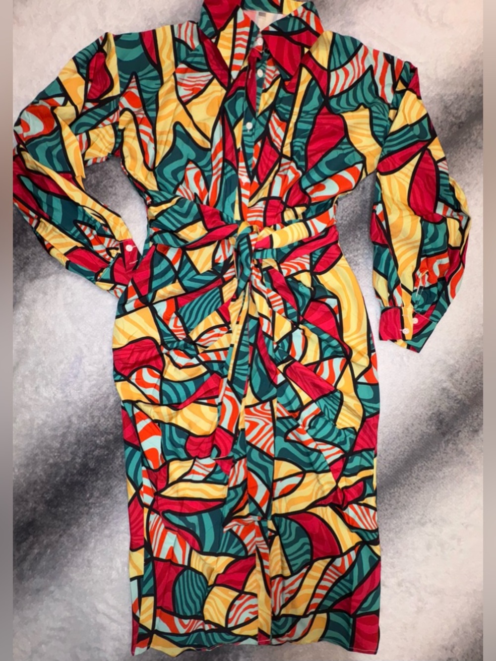 (A1) SHEIN NWOT Geometric Print Ruched Tie Shirt Dress | Size‎ S | Vibrant Retro